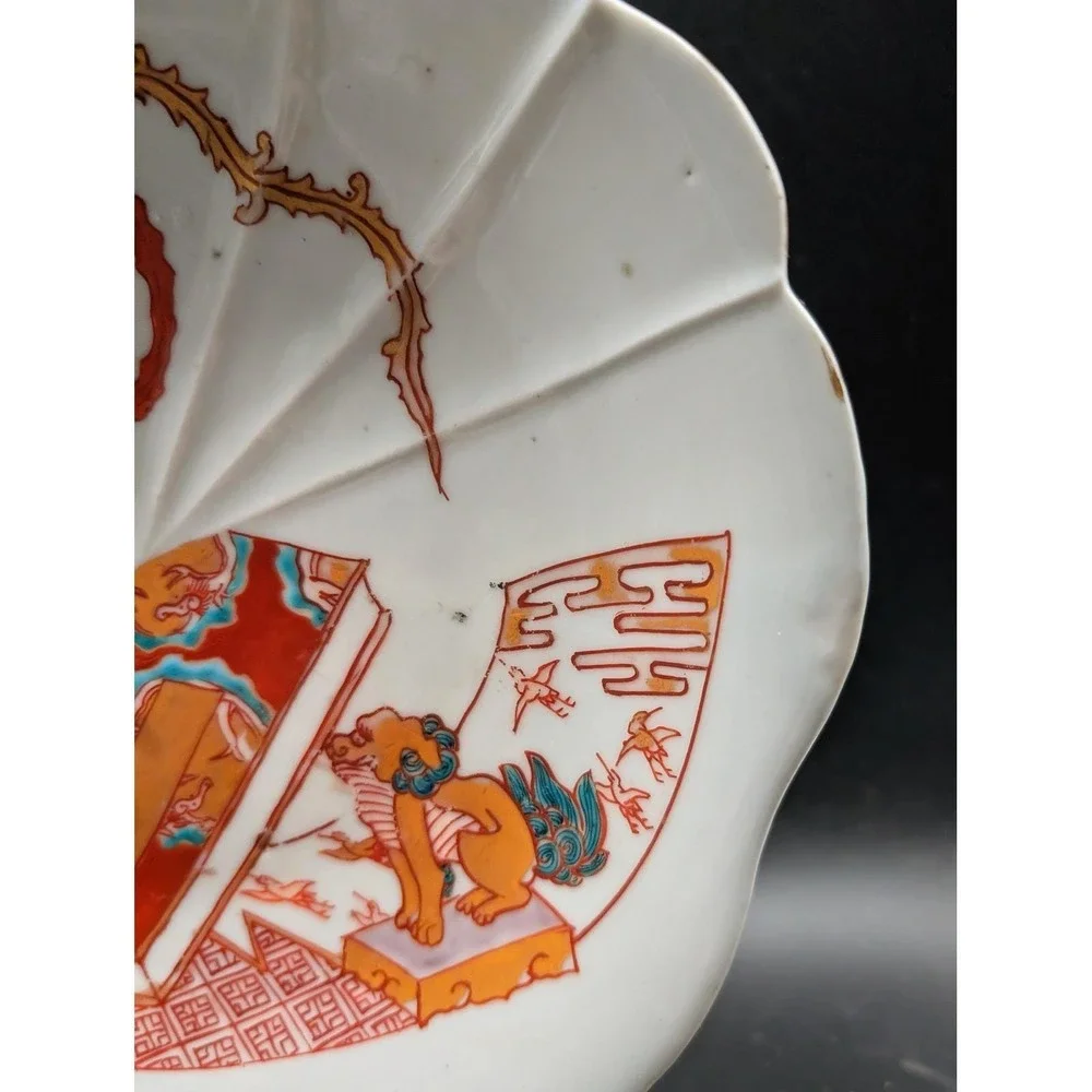 Antique Japanese Imari Porcelain Fluted Plate Phoenix Foo Dog Gold Gilt Meiji 9
